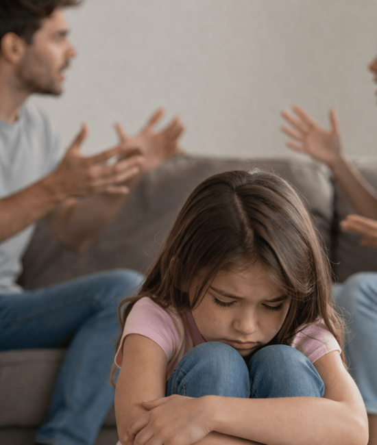 Emotionally immature parents arguing in the background while a sad child sits alone, showing emotional neglect and distress