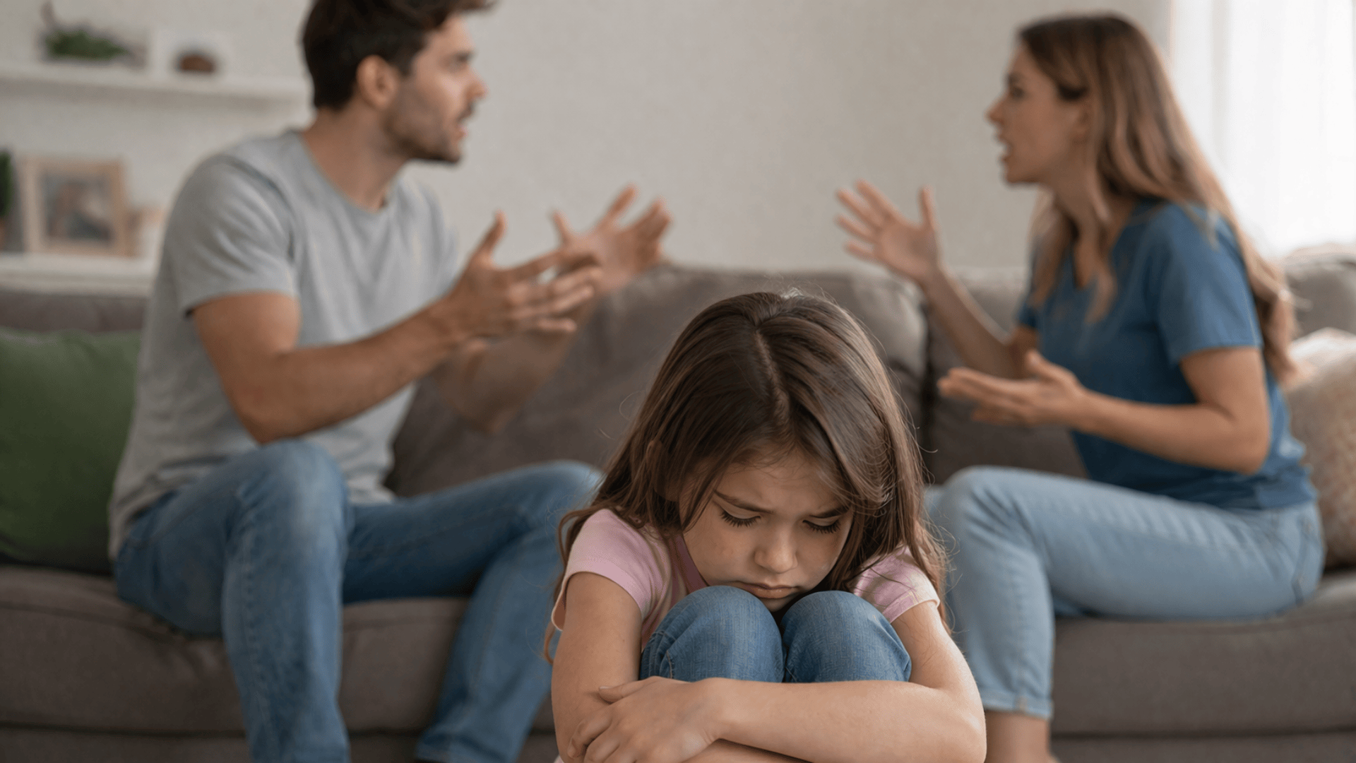 Emotionally immature parents arguing in the background while a sad child sits alone, showing emotional neglect and distress