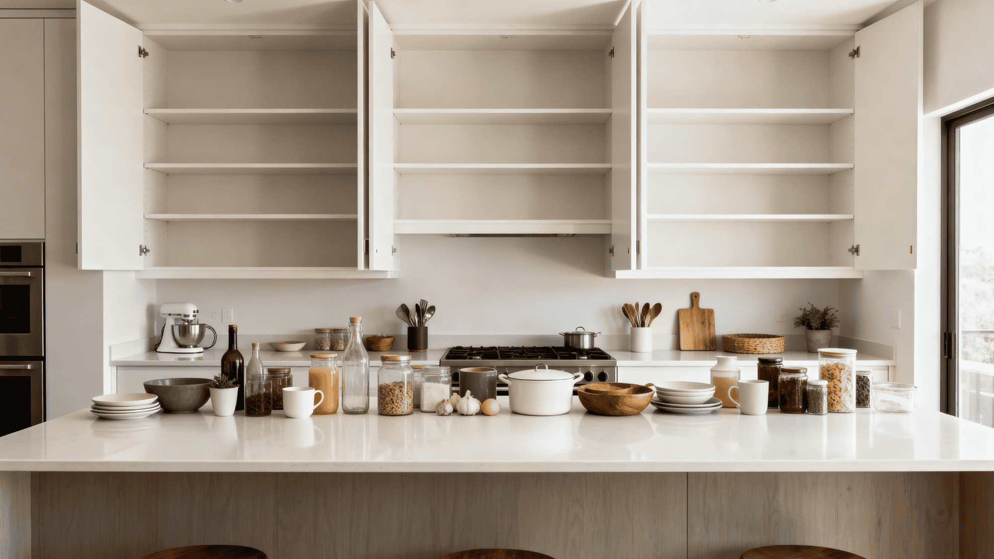 Empty kitchen cabinets with items sorted neatly on a clean countertop