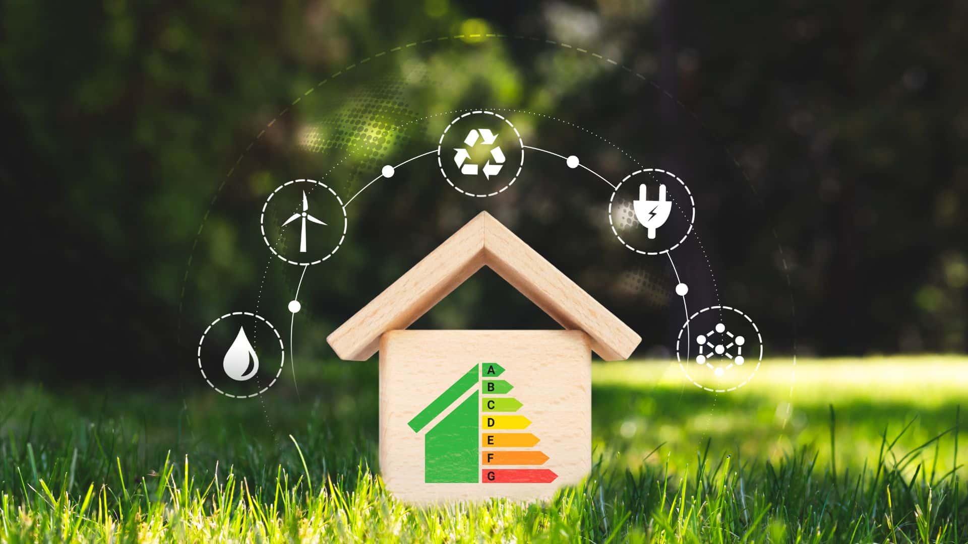 Energy efficiency upgrades concept showing eco-friendly house model with energy rating scale, renewable icons, and sustainable home solutions on grass