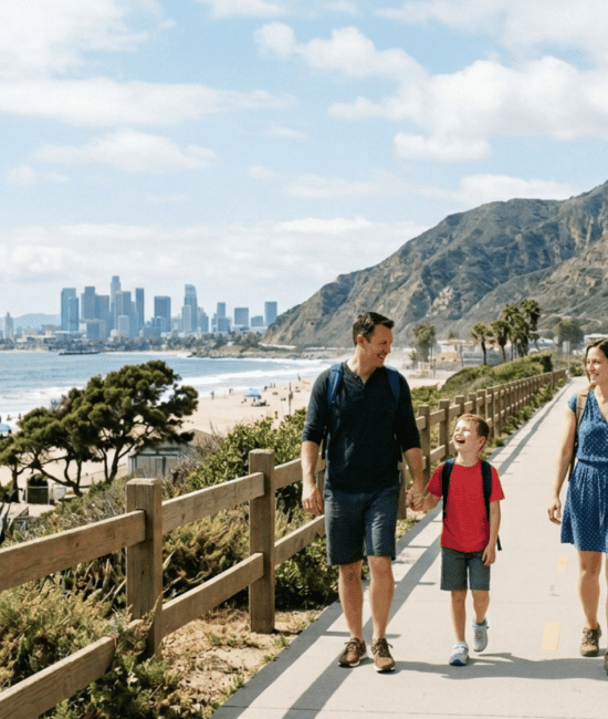 Family enjoying scenic US vacation with beach mountains and city skyline in background