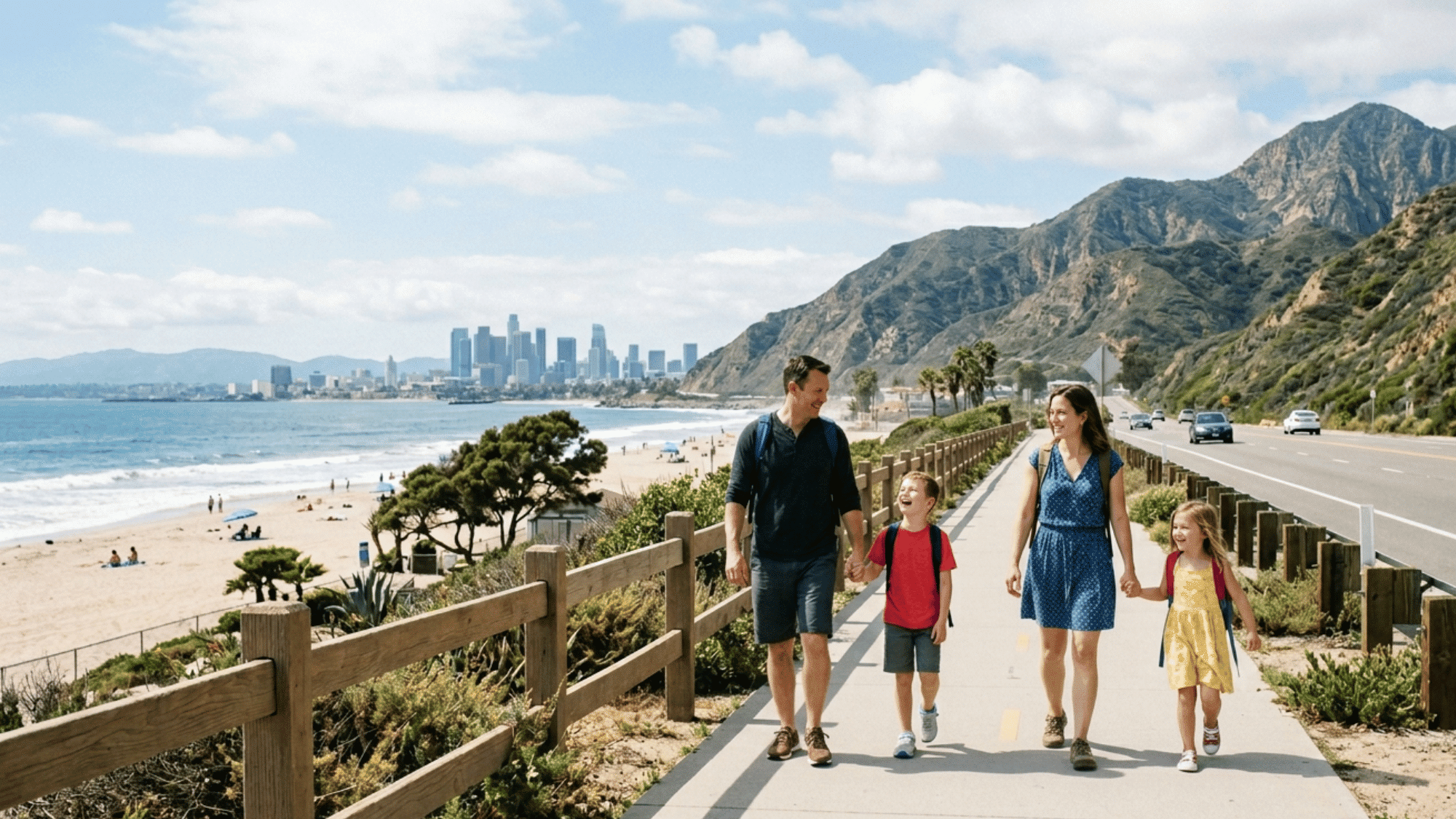 Family enjoying scenic US vacation with beach mountains and city skyline in background