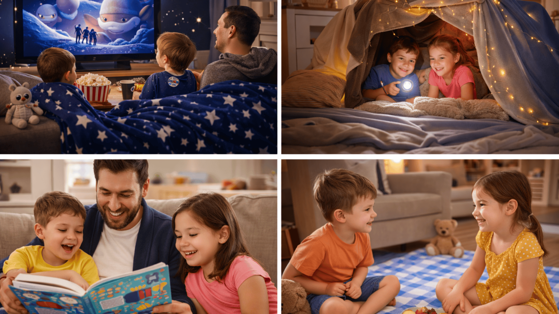 Family movie night, kids in blanket fort, parent reading story, and indoor picnic on floor in a cozy four-panel collage