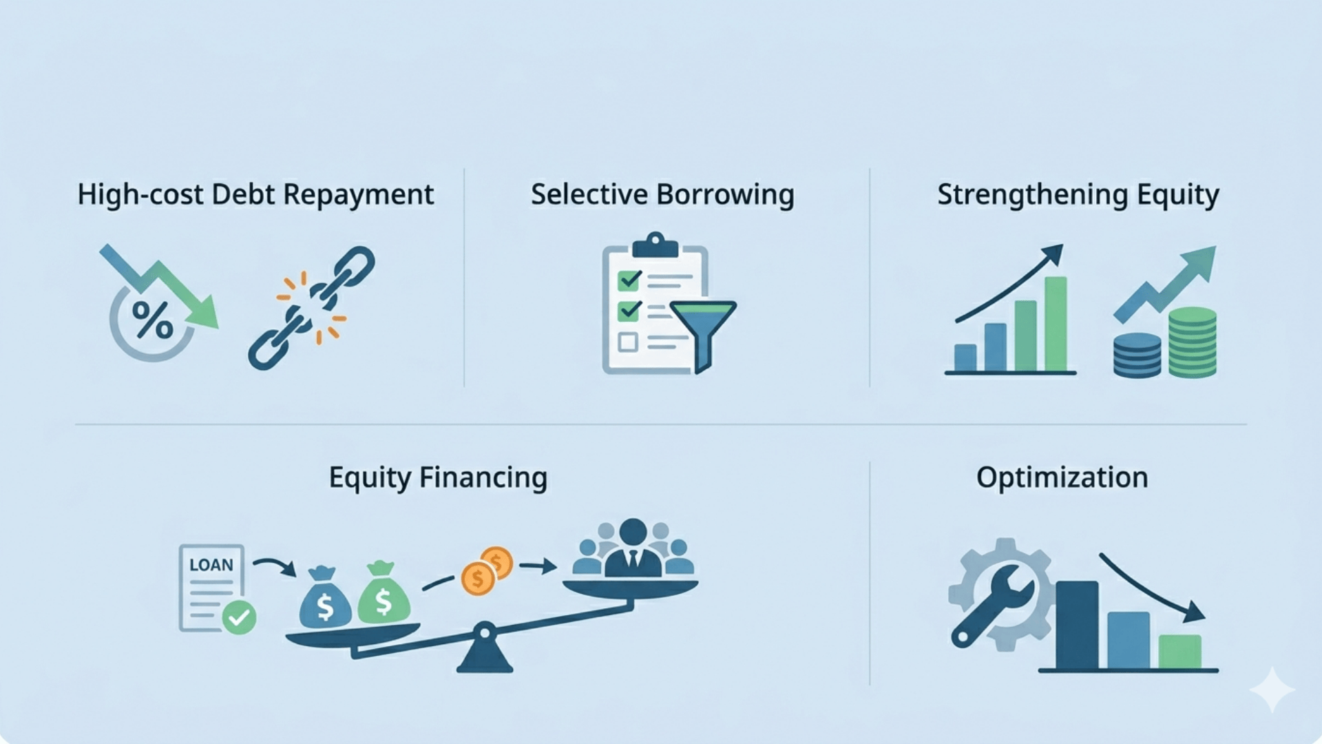 Financial infographic showing 5 key strategies high-cost debt repayment, selective borrowing, strengthening equity, equity financing, and optimization, using clean icons.