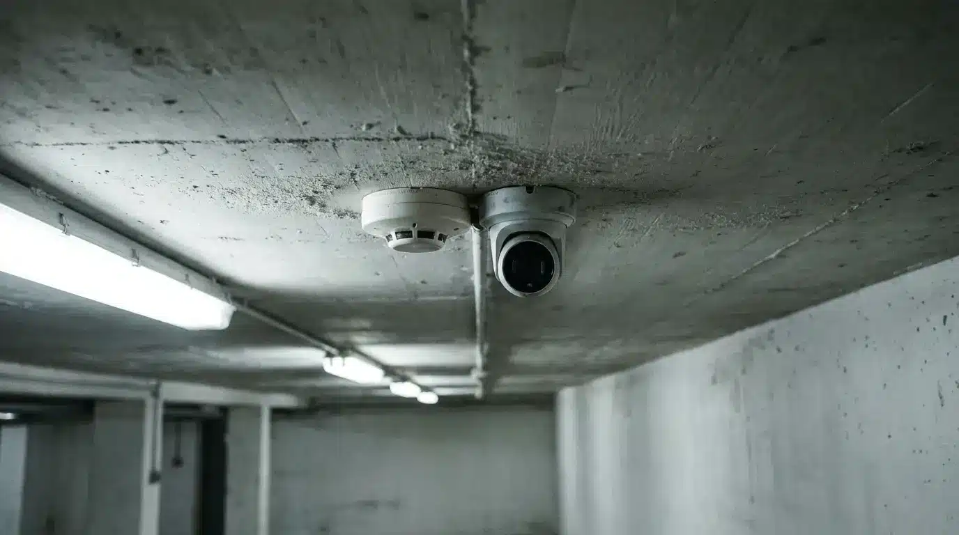 Security camera and smoke detector mounted on concrete ceiling in dimly lit parking garage