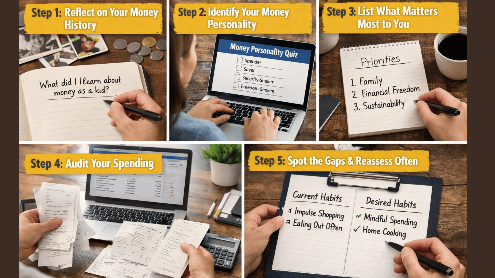 Five-panel collage of steps to discover financial values journaling, quiz, priorities list, expense audit, and habit comparison.