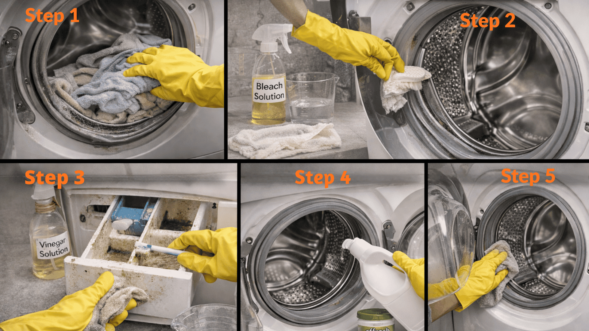 Five-panel collage showing mold buildup in a washing machine rubber gasket, drum, detergent drawer, lint filter, and drainage hose. (4)