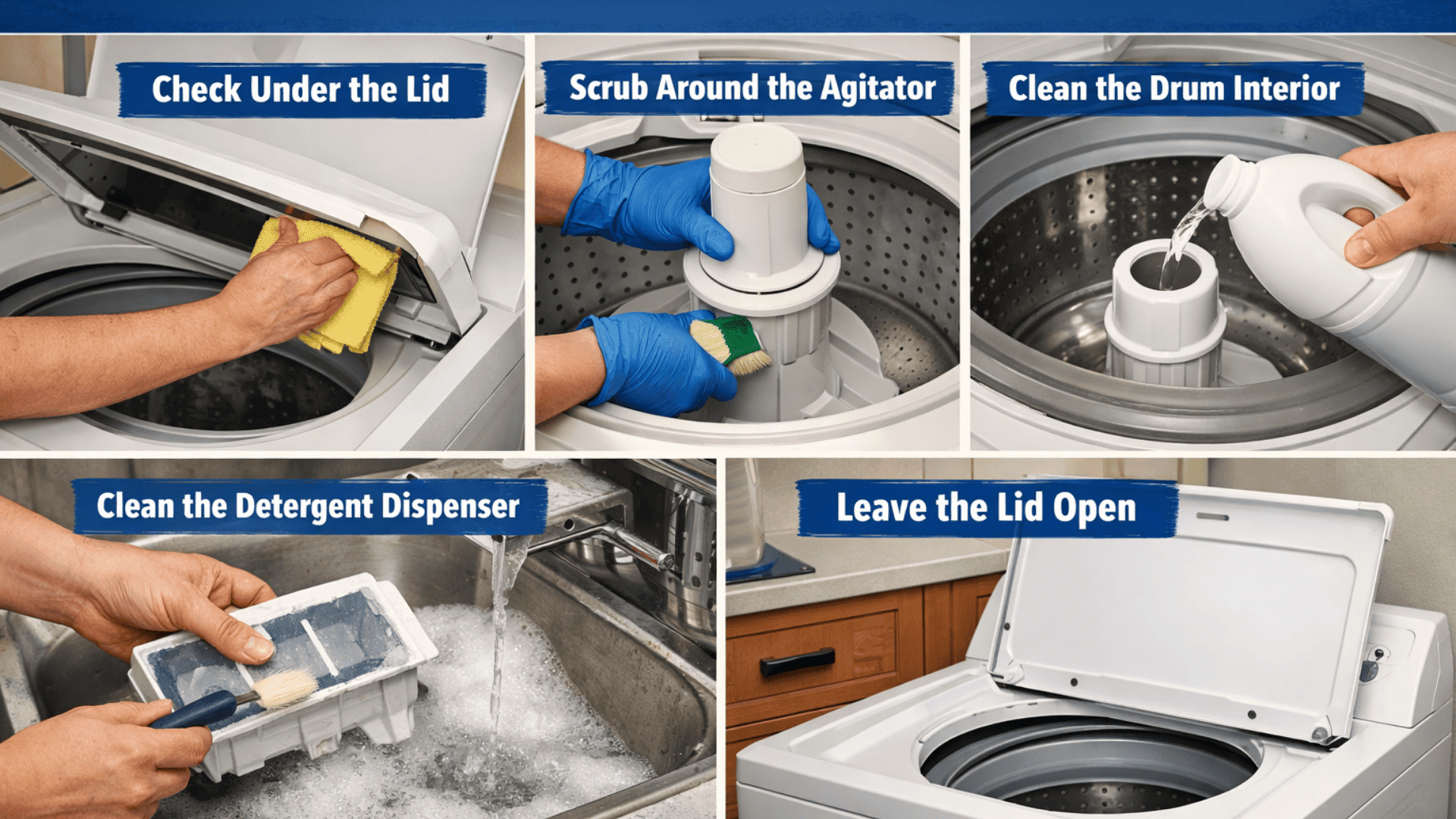 Five-panel collage showing top-load washer cleaning steps wipe lid, scrub agitator, clean drum, wash dispenser, and leave lid open.