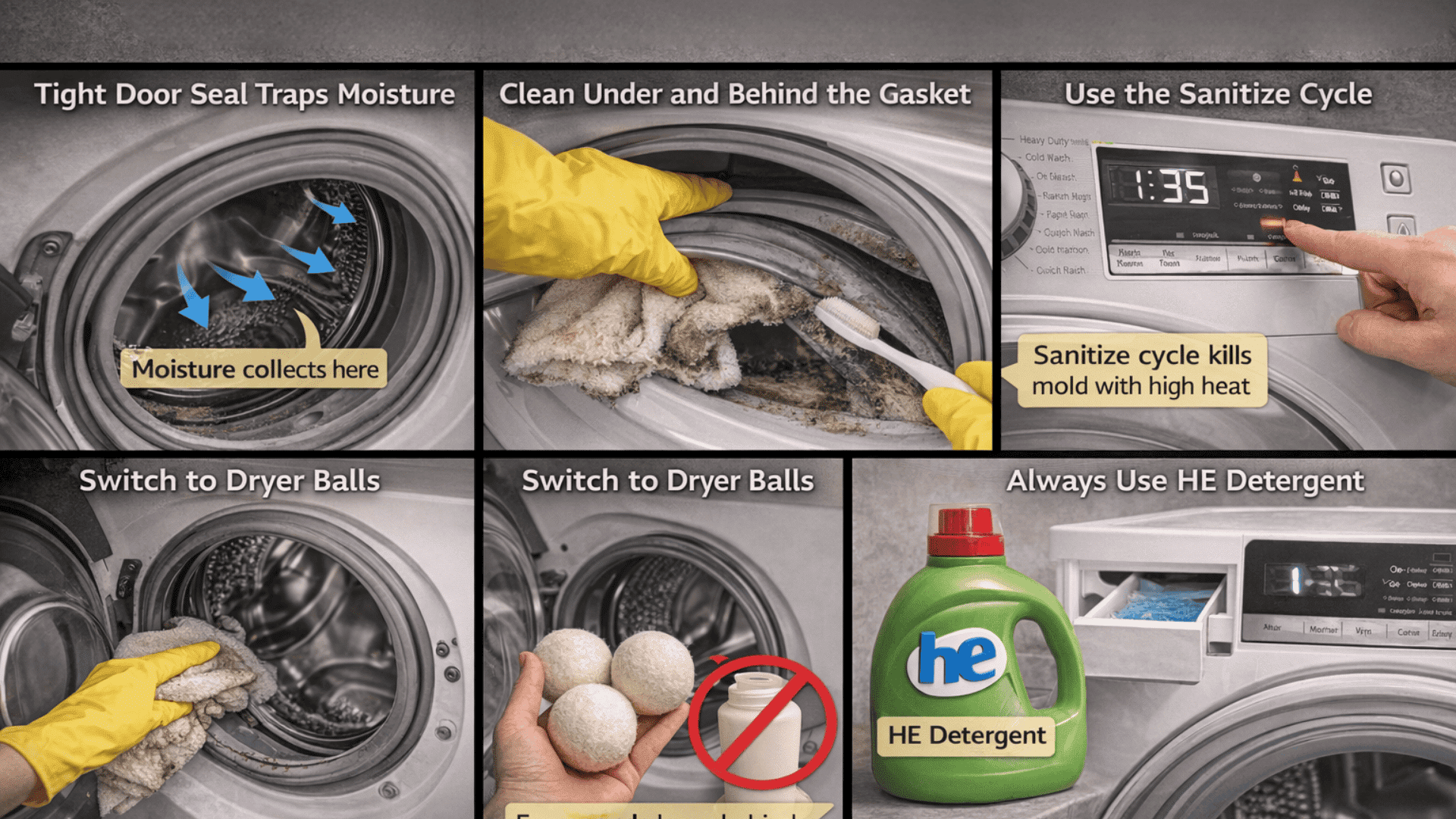 Five-panel guide showing mold prevention in a front-load washer gasket cleaning, sanitize cycle, dryer balls, and HE detergent use.