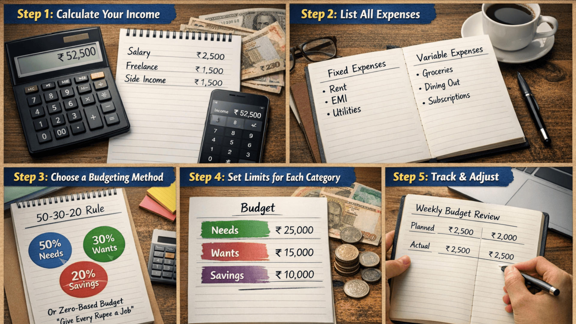 Five-panel realistic collage showing beginner budgeting steps income, expenses, budgeting method, category limits, and weekly tracking.