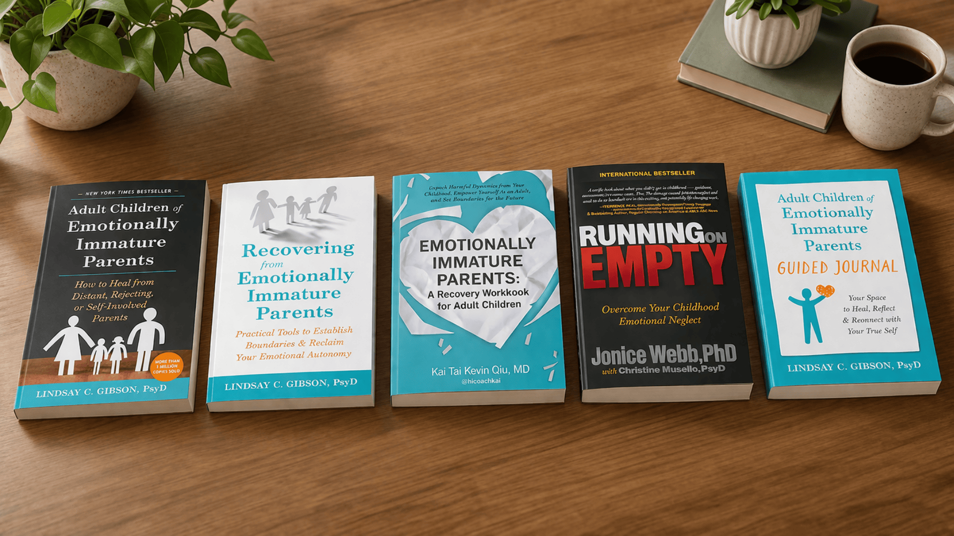 Five self-help books on emotional healing arranged flat on a wooden table, evenly spaced with soft lighting and minimal decor.