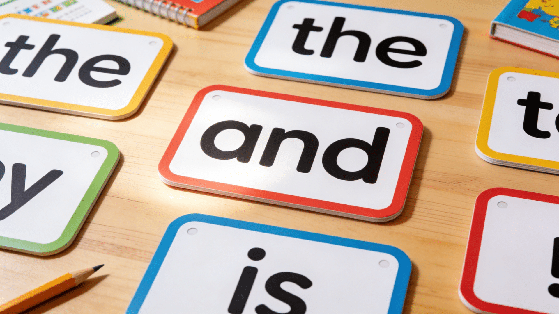 Flashcards showing common sight words like the and is used for early reading practice