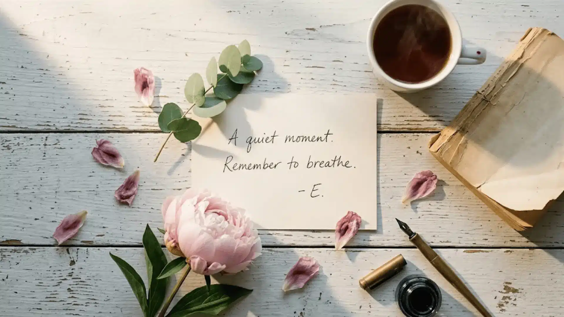 flat lay of a handwritten note card with a peony mug and dried florals in warm morning light