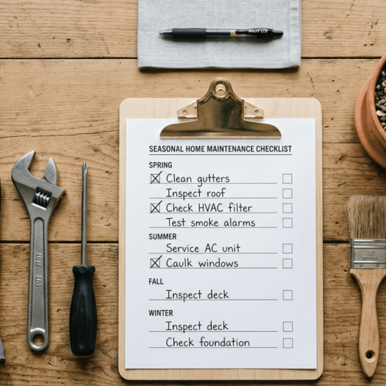 Flat lay of home maintenance checklist on clipboard with gloves, wrench, screwdriver, brush, tape, and plant on wooden table