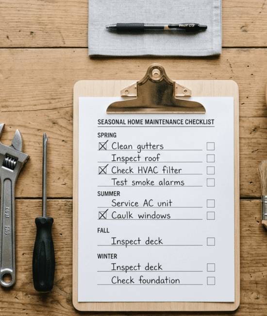 Flat lay of home maintenance checklist on clipboard with gloves, wrench, screwdriver, brush, tape, and plant on wooden table