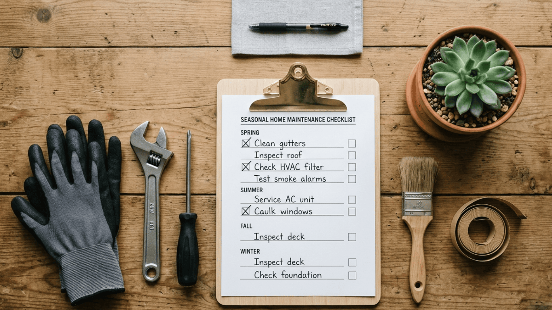 Flat lay of home maintenance checklist on clipboard with gloves, wrench, screwdriver, brush, tape, and plant on wooden table