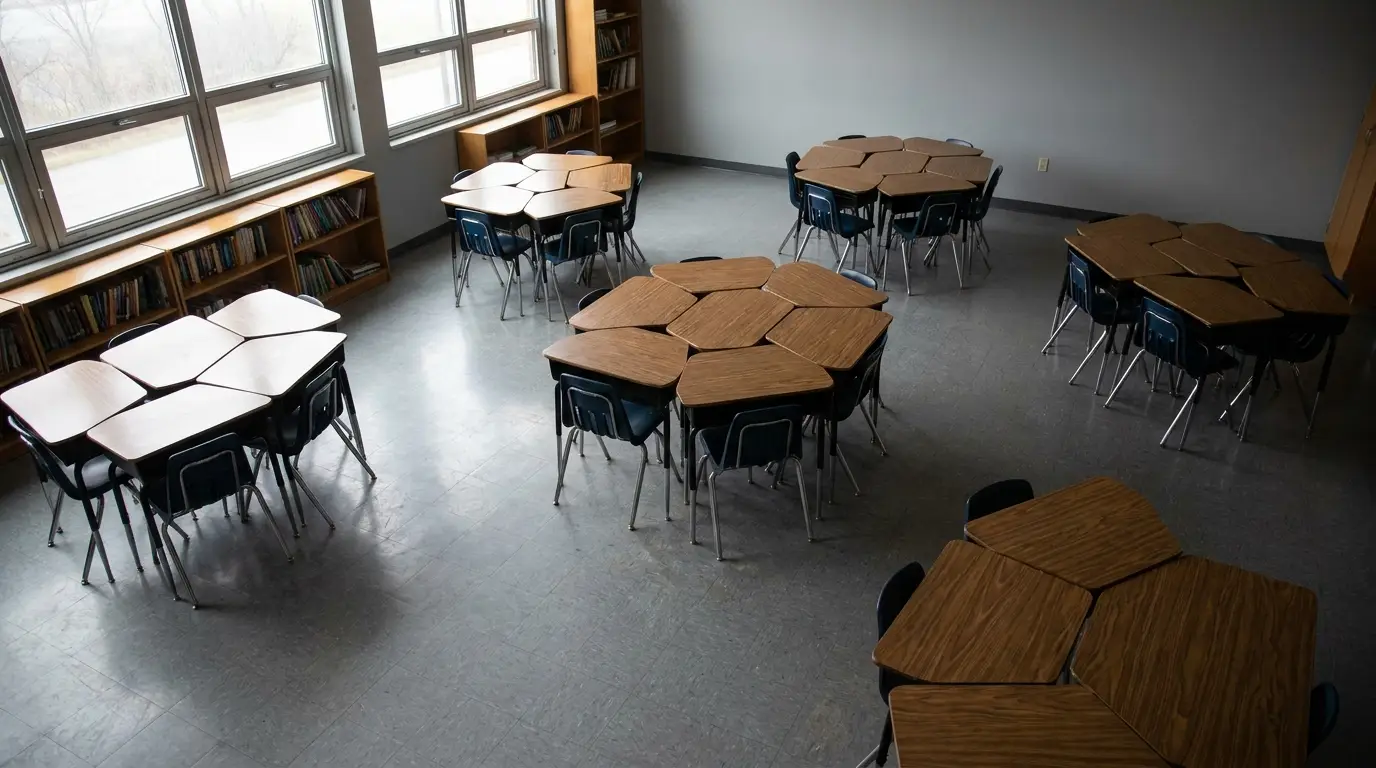 Empty classroom with grouped wooden tables and blue chairs under large windows