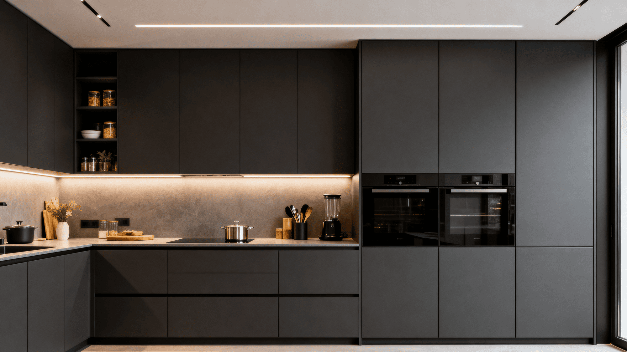Floor-to-ceiling cabinets with hidden pantry storage in a modern kitchen