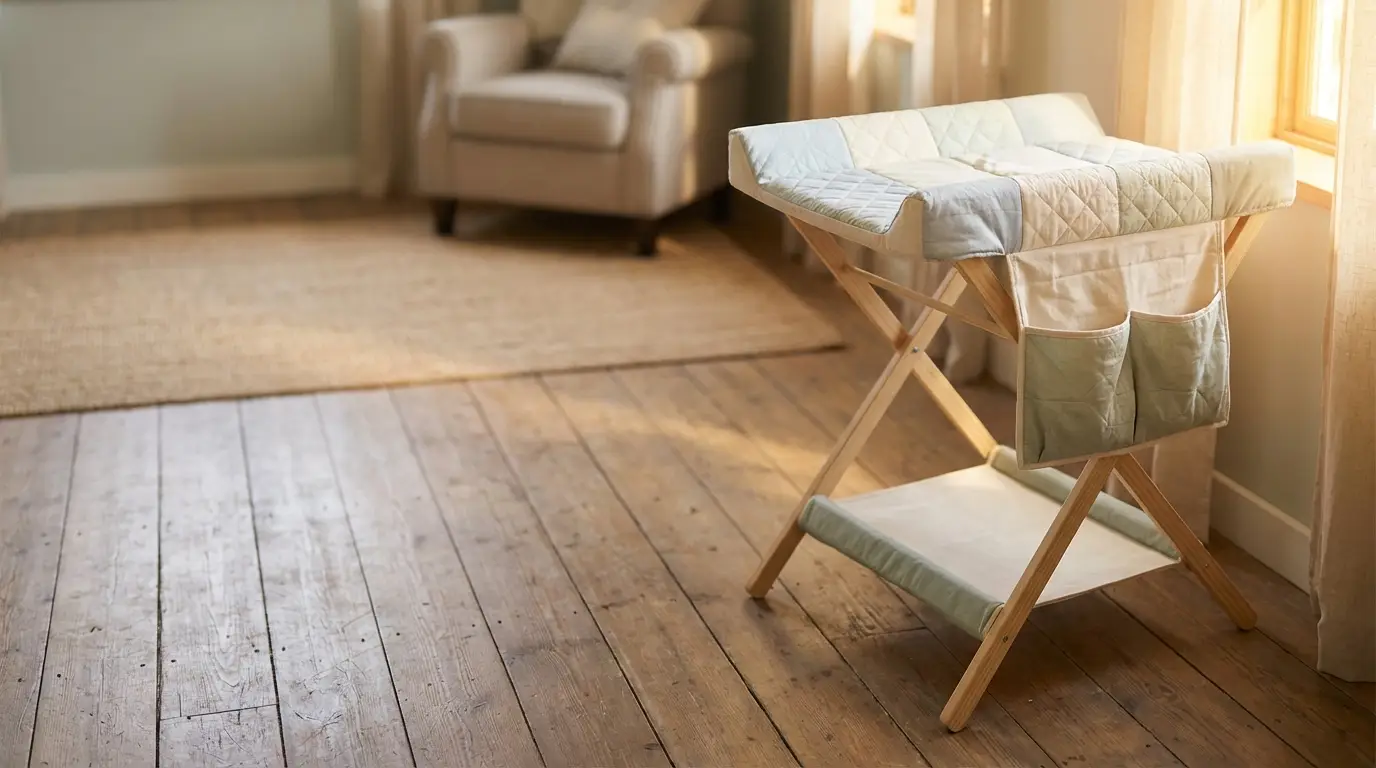 Changing table with quilted mat in bright nursery near window and armchair