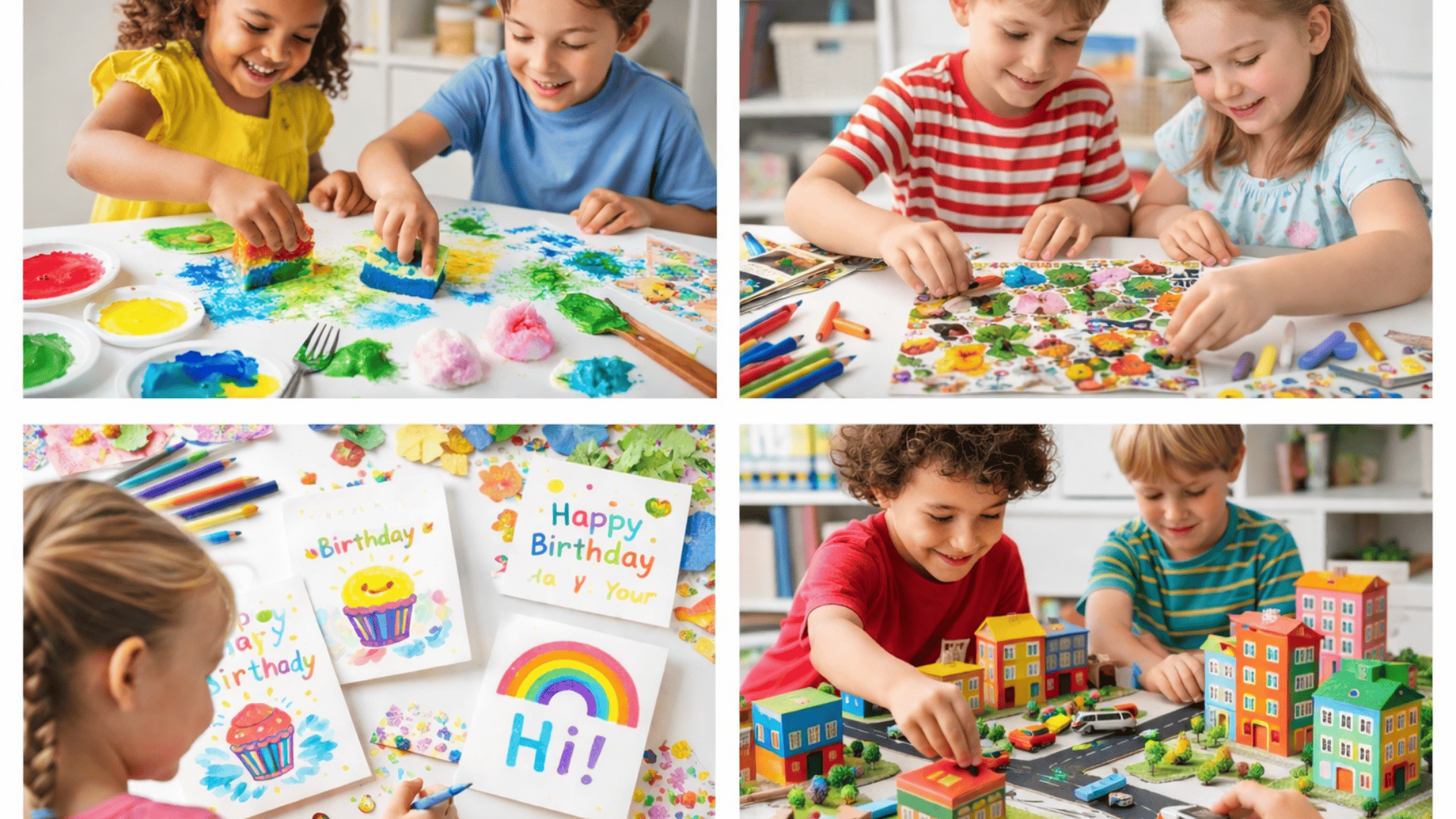 Four kids doing crafts painting with sponges, making collages, decorating cards, and building a colorful cardboard city together