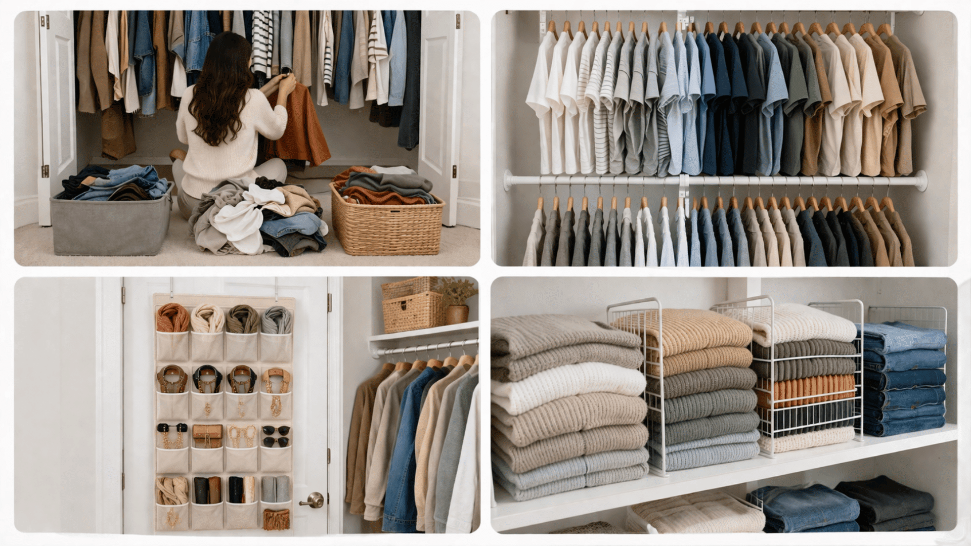 Four-panel closet organization collage showing decluttering, double hanging rods, over-door storage, and neatly folded stacks with dividers