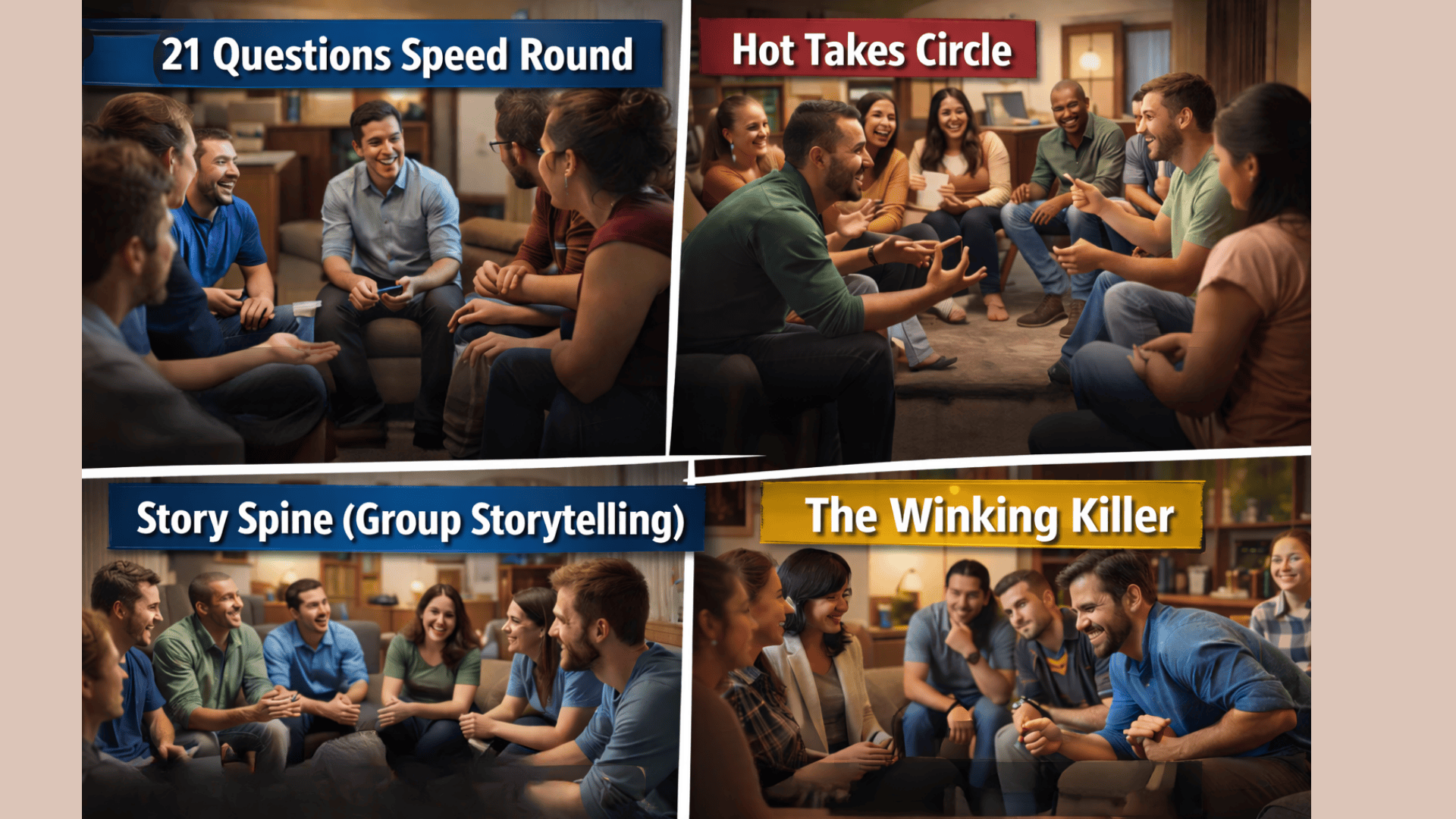 Four-panel collage of group games 21 questions, hot takes, storytelling circle, and winking killer with people interacting indoors (1)