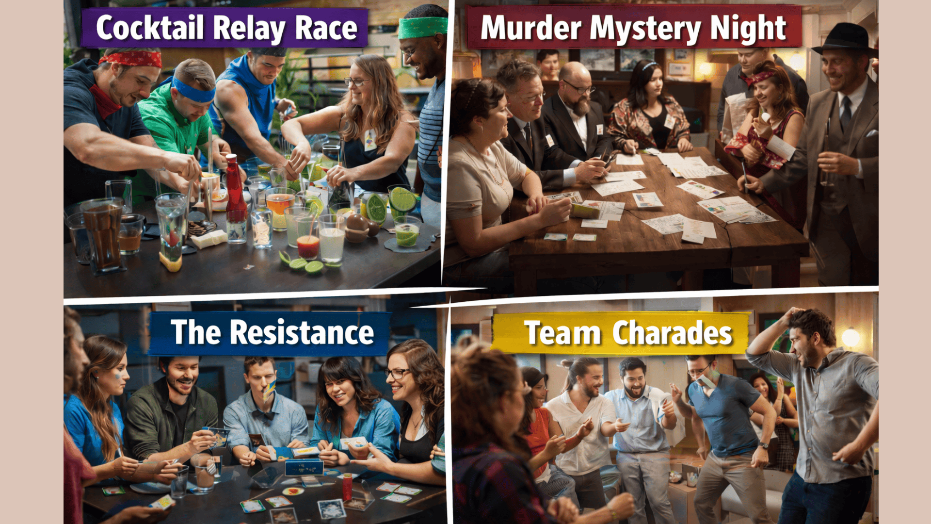 Four-panel collage of group games cocktail relay, murder mystery, resistance card game, and team charades with people interacting indoors