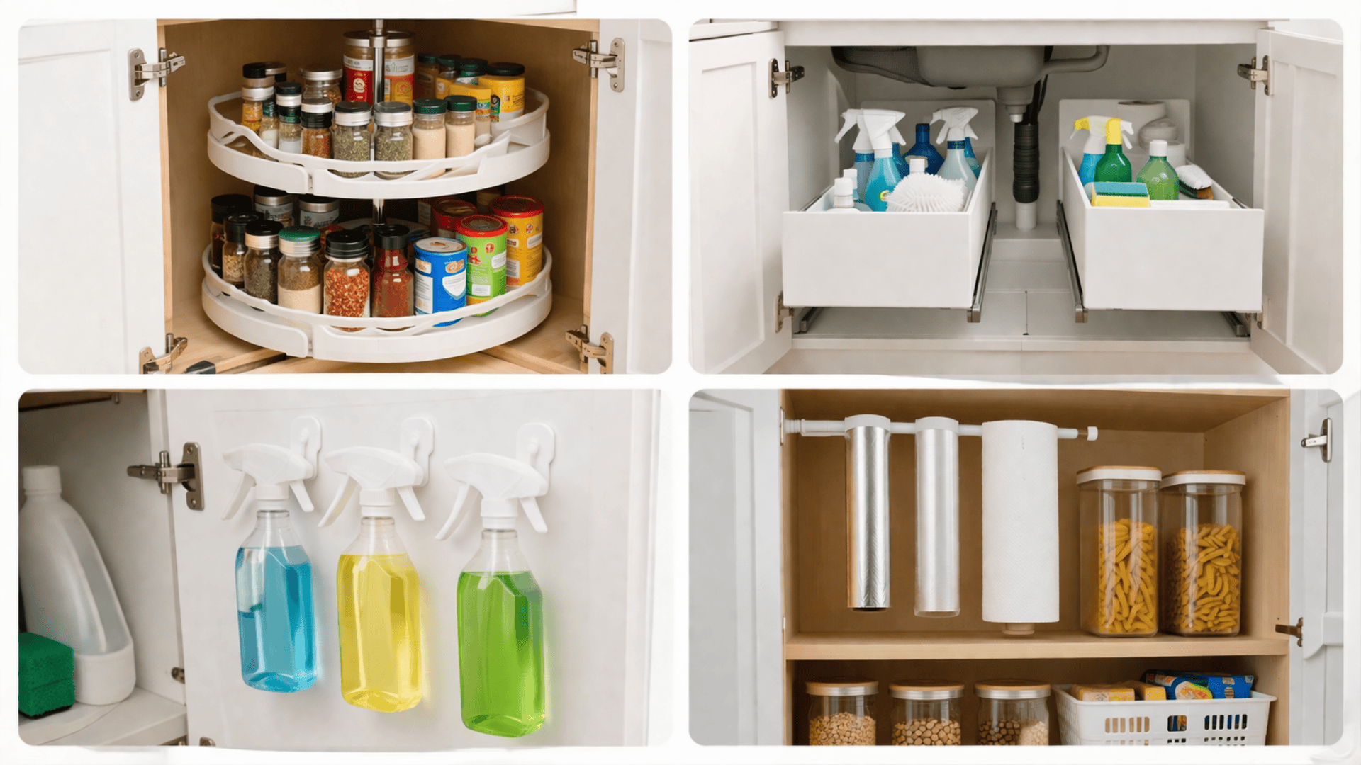 Four-panel collage showing kitchen organization lazy Susan spices, under-sink drawers, hanging spray bottles, and pantry tension rod storage