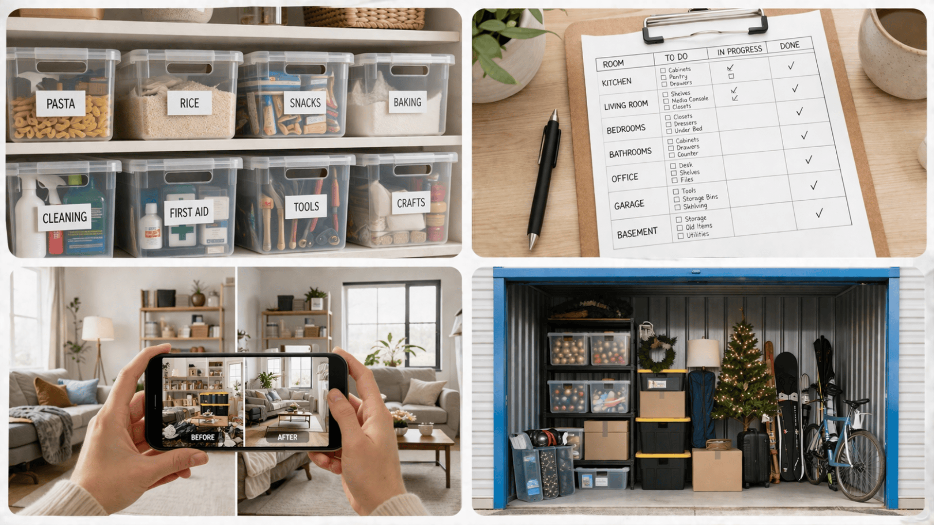 Four-panel collage showing labeled storage bins, declutter checklist, before-after room photos, and organized self-storage unit