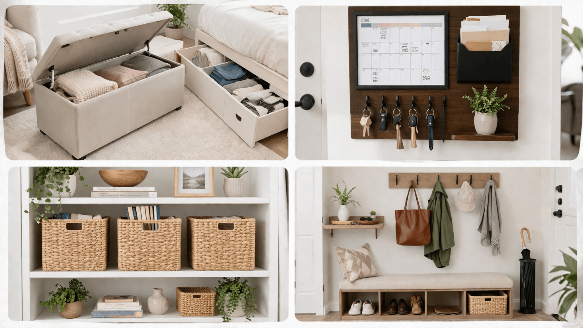 Four-panel collage showing storage furniture, entry command center, woven baskets on shelves, and a tidy drop zone with hooks and bench