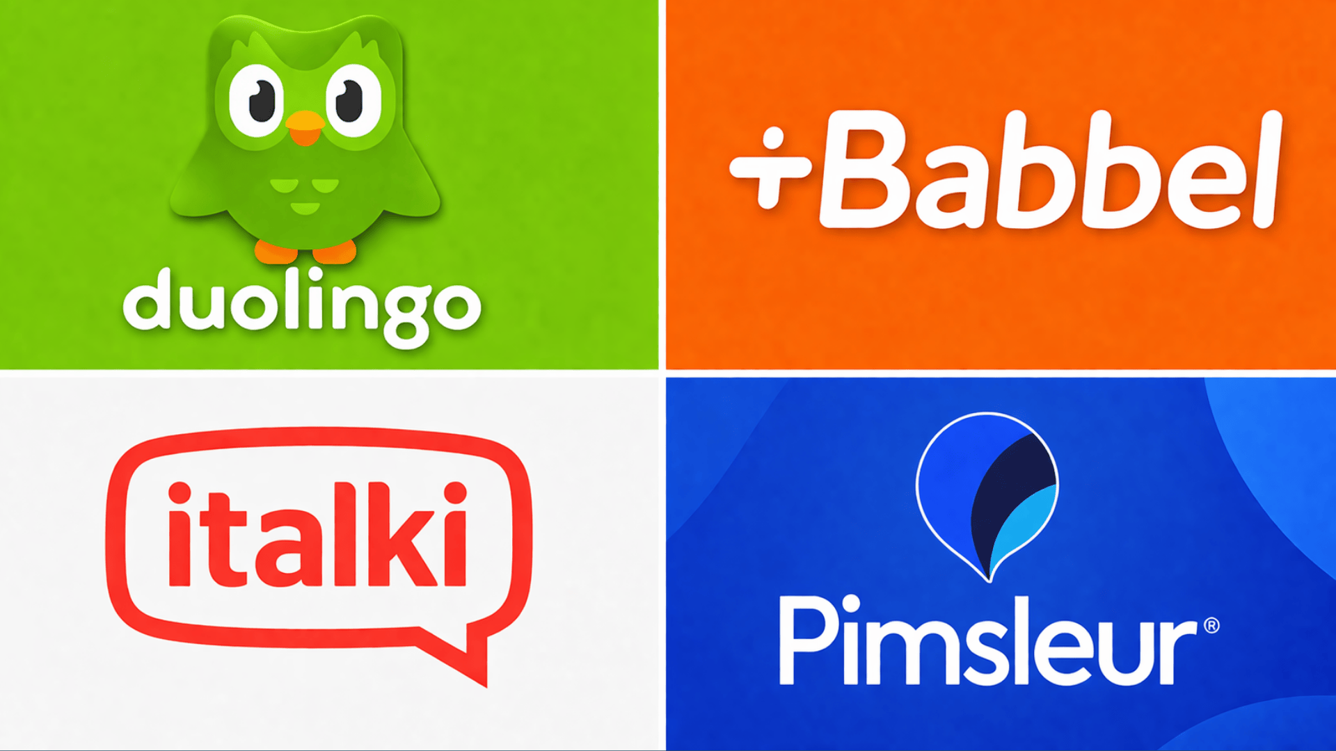 Four-panel collage with Duolingo, Babbel, italki, and Pimsleur logos, each placed in a colored quadrant in a clean grid layout.