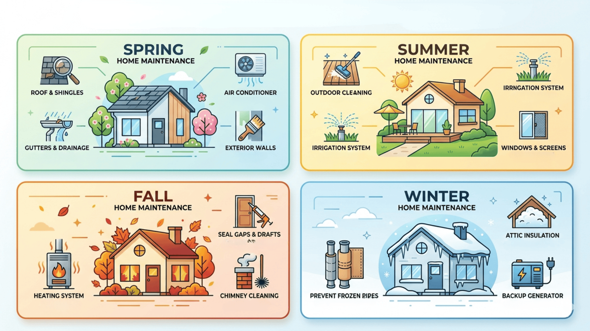 Four-panel infographic of seasonal home maintenance tasks (Spring, Summer, Fall, Winter) with icons and brief checklist items. (1)