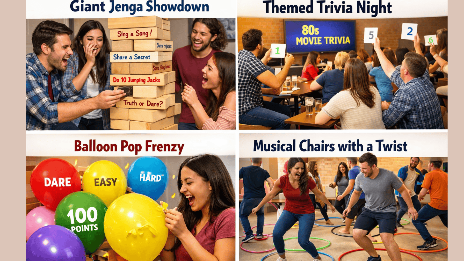Four-panel party collage giant Jenga dares, trivia night teams, balloon popping game, and musical chairs with colorful hoops on white background (1)