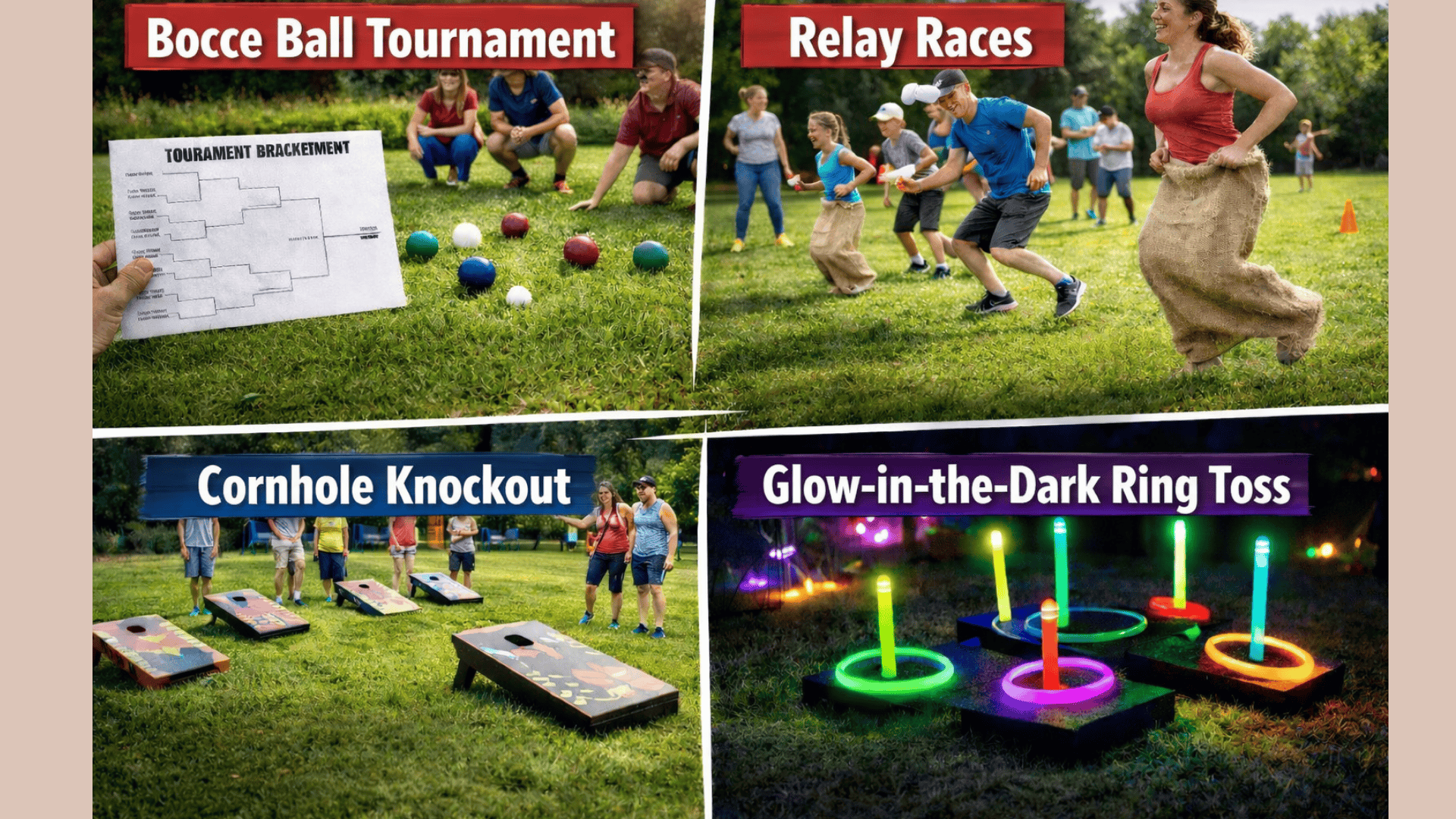 Four-panel party collage giant Jenga dares, trivia night teams, balloon popping game, and musical chairs with colorful hoops on white background (2)