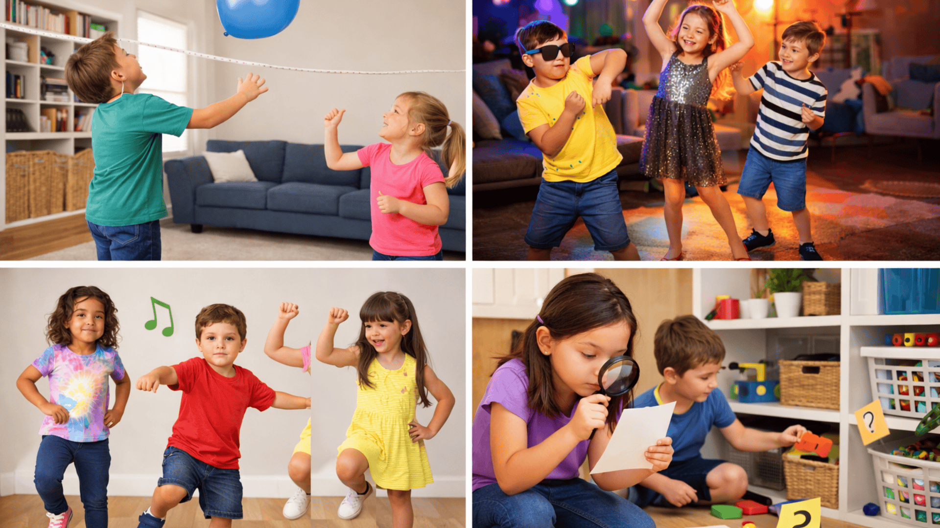 Four panels of kids playing indoors balloon game, dancing with lights, group dancing, and solving puzzles with toys and magnifying glass.