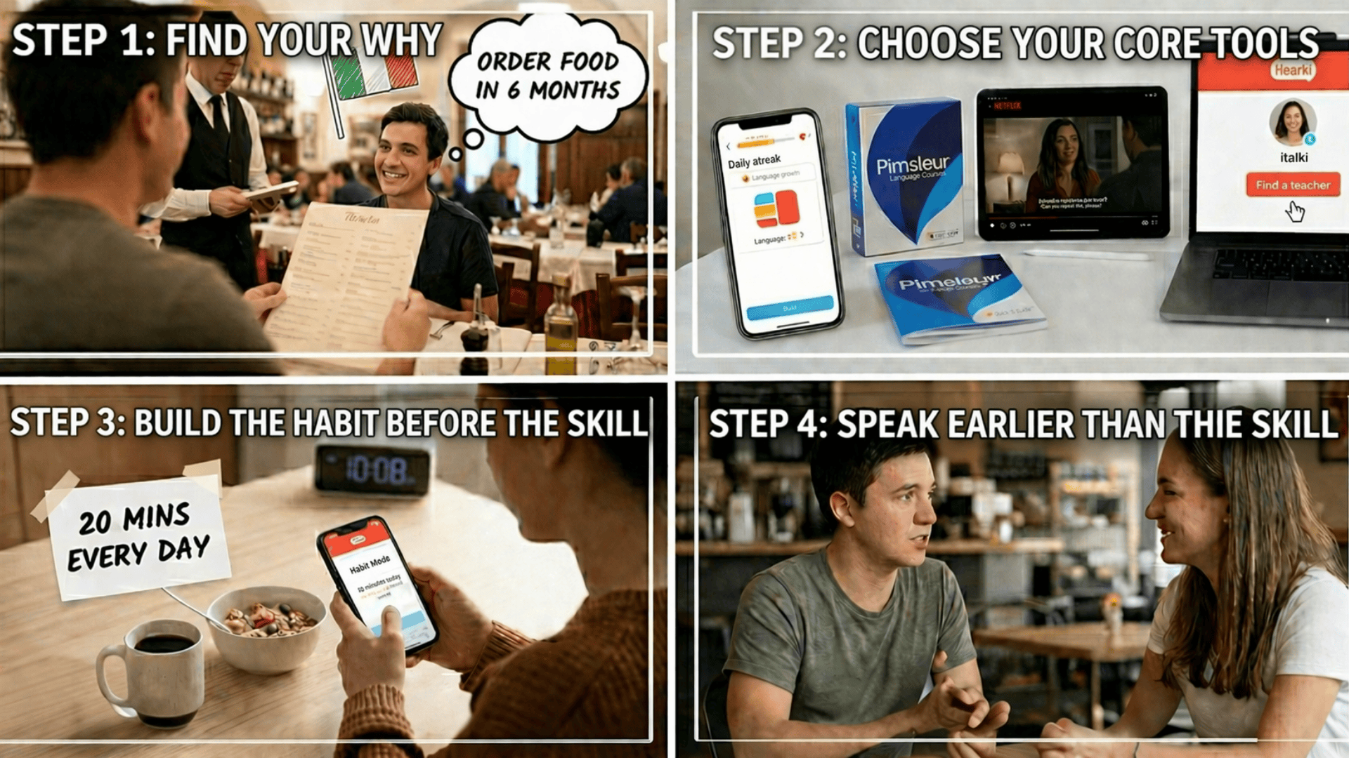 Four-step language learning infographic showing motivation, tools, daily habit building, and early speaking practice in real-life scenes