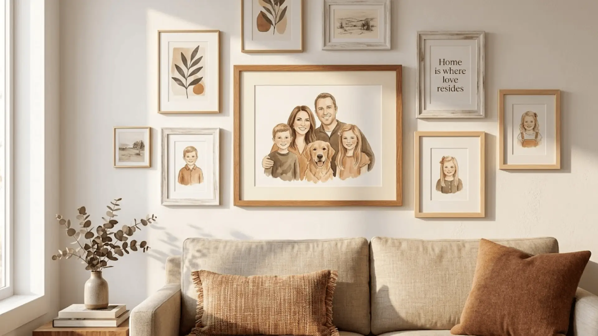 framed watercolor family portrait illustration in gallery wall arrangement above linen sofa in warm light