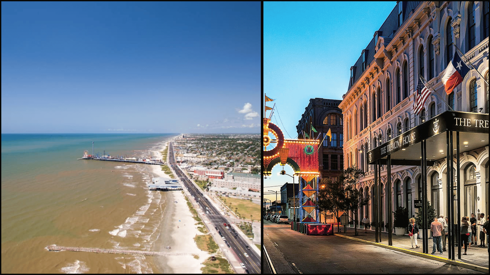 Galveston Texas coast with pier and beach beside historic downtown street at dusk