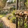 Ornate garden gate with brass latch in sunlight, pathway leading to quaint cottage surrounded by flowers