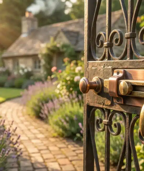 Ornate garden gate with brass latch in sunlight, pathway leading to quaint cottage surrounded by flowers