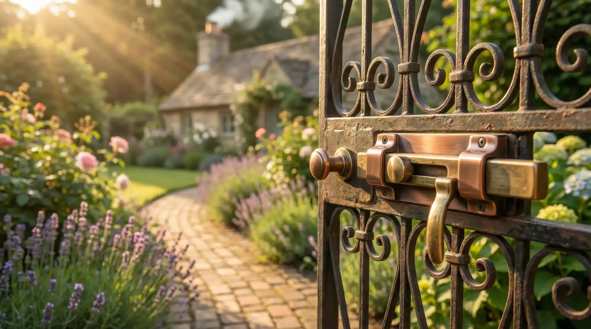 Ornate garden gate with brass latch in sunlight, pathway leading to quaint cottage surrounded by flowers