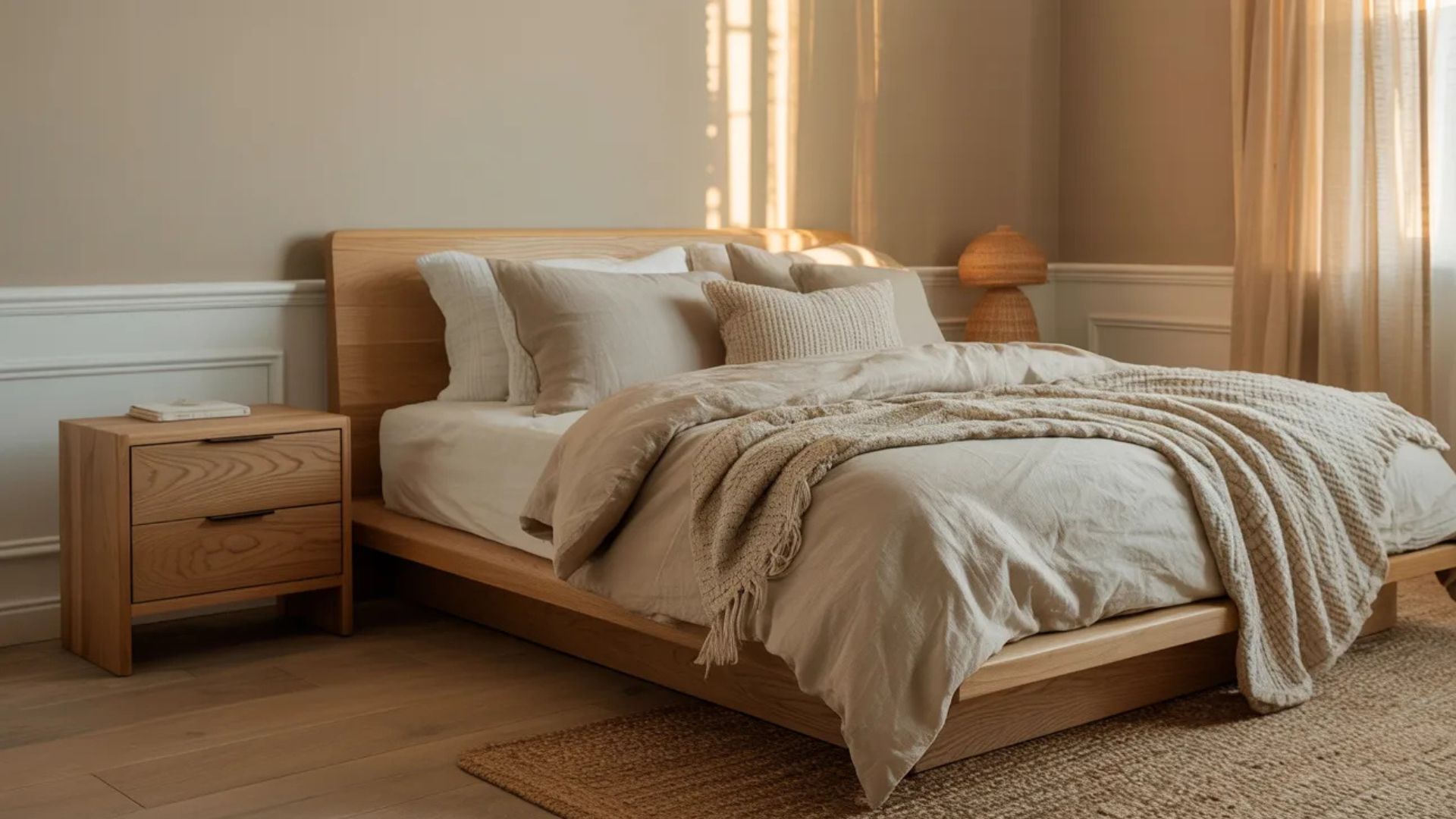 Greige walls with white trim in a neutral bedroom