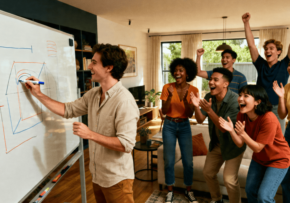 Group playing Pictionary indoors, one person drawing on whiteboard while teammates cheer, laugh, and guess in a lively setting