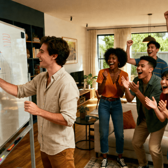 Group playing Pictionary indoors, one person drawing on whiteboard while teammates cheer, laugh, and guess in a lively setting