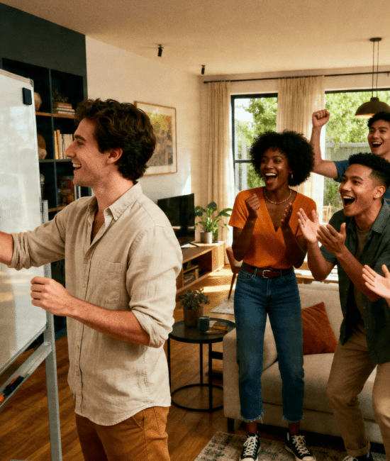 Group playing Pictionary indoors, one person drawing on whiteboard while teammates cheer, laugh, and guess in a lively setting