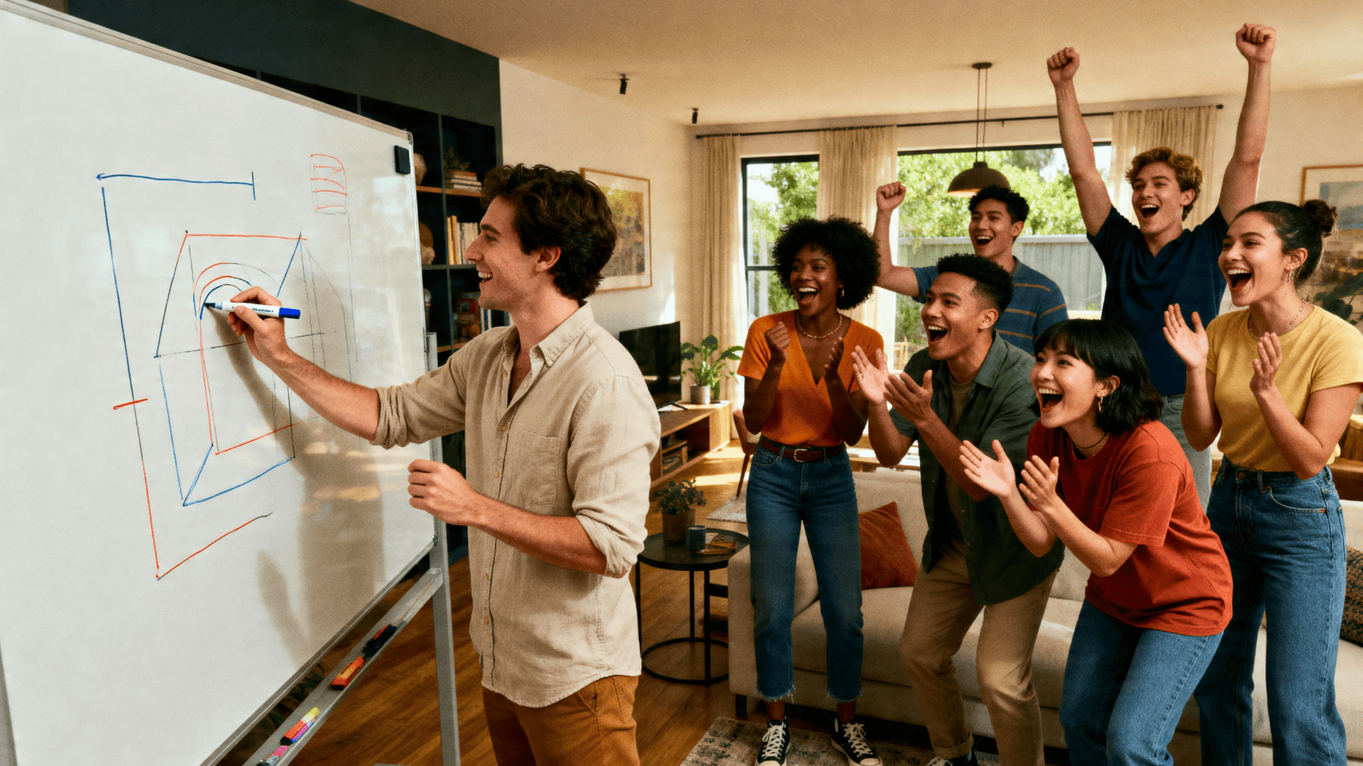 Group playing Pictionary indoors, one person drawing on whiteboard while teammates cheer, laugh, and guess in a lively setting