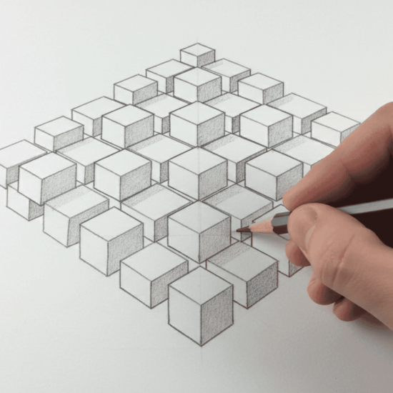 Hand drawing 3D cubes in perspective grid with pencil on paper