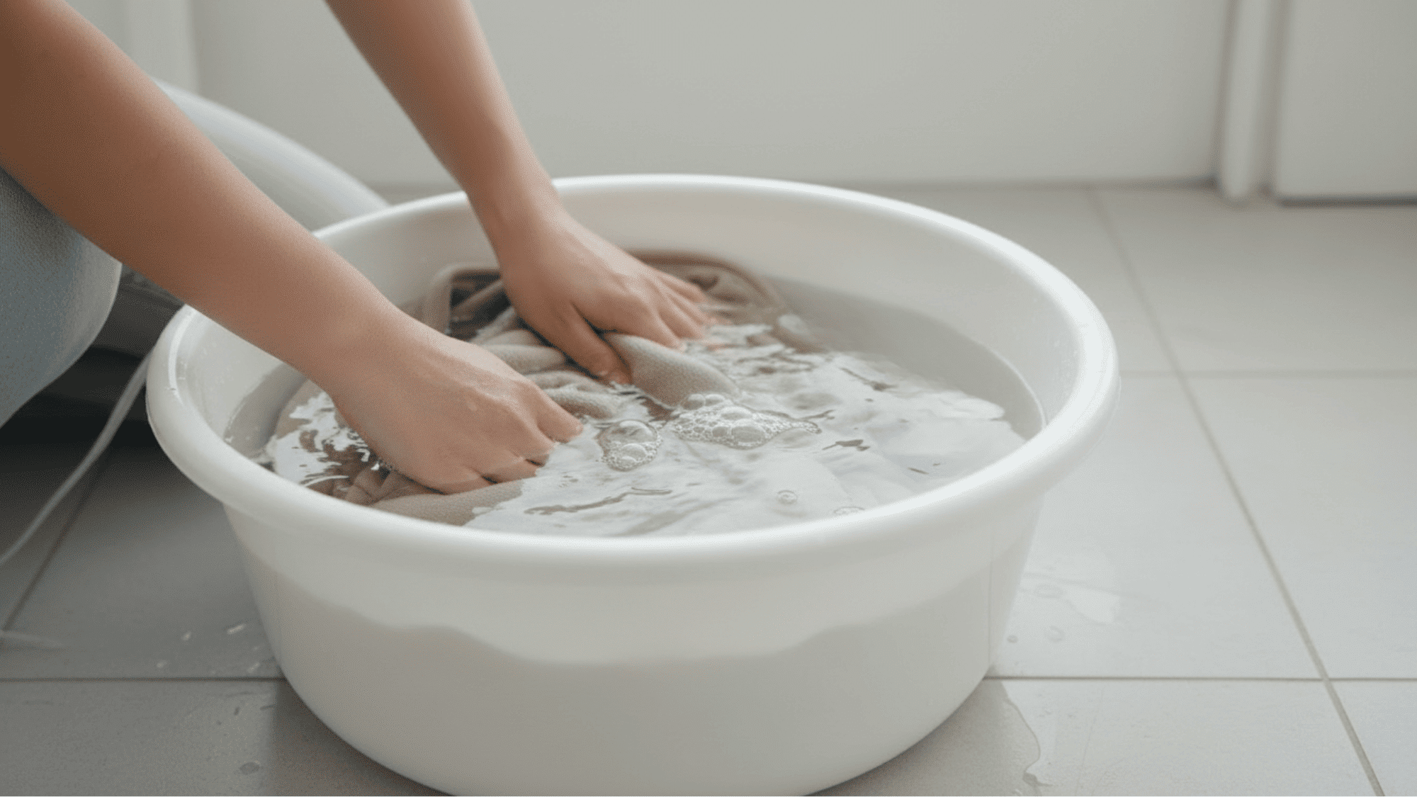 Hand gently washing a blanket in a basin with water and mild soap
