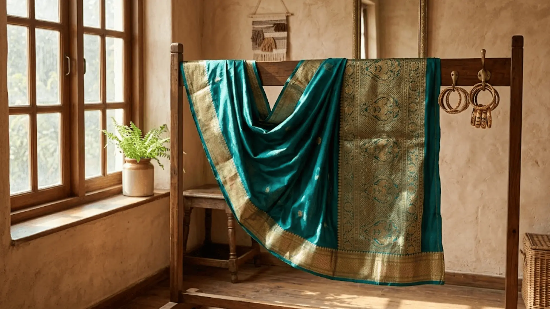 handloom silk saree in teal and gold draped on wooden rack with gold bangles in sunlit dressing room
