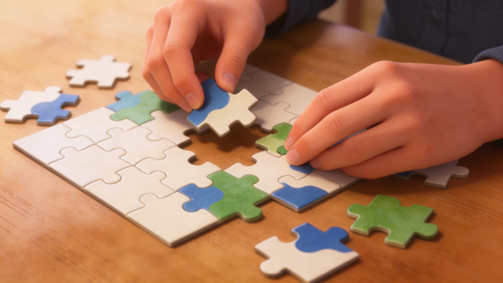 Hands placing puzzle pieces together to show problem solving and logical thinking skills